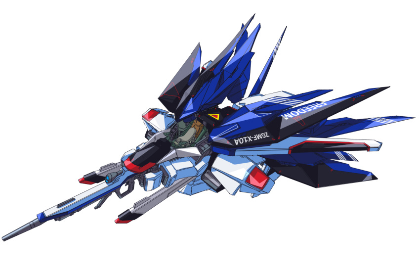aircraft, airplane, cross_ange, crossover, dc12v33a, fighter_jet, freedom_gundam, gundam, gundam_seed, jet, mecha, mechanical_wings, military, military_vehicle, standing, villkiss_(cross_ange), white_background, wings