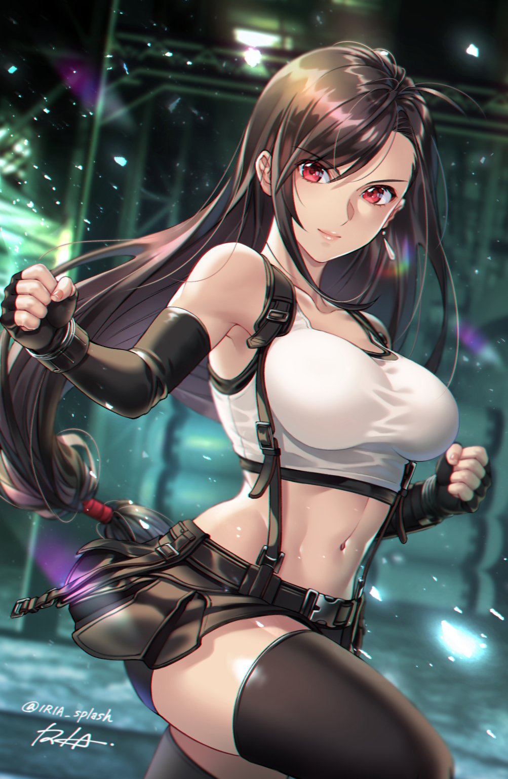1girl, black_hair, blush, breasts, brown_hair, earrings, elbow_gloves, final_fantasy