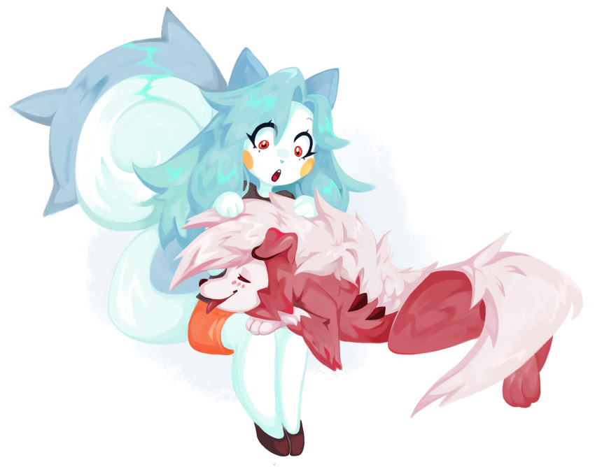 absurdres, animal_ears, blue_hair, cat_ears, dog, dog_ears, fox_ears, furry