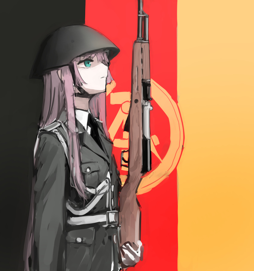 1girl, alternate_costume, belt, blue_eyes, check_copyright, east_german, east_german_flag, flag_background