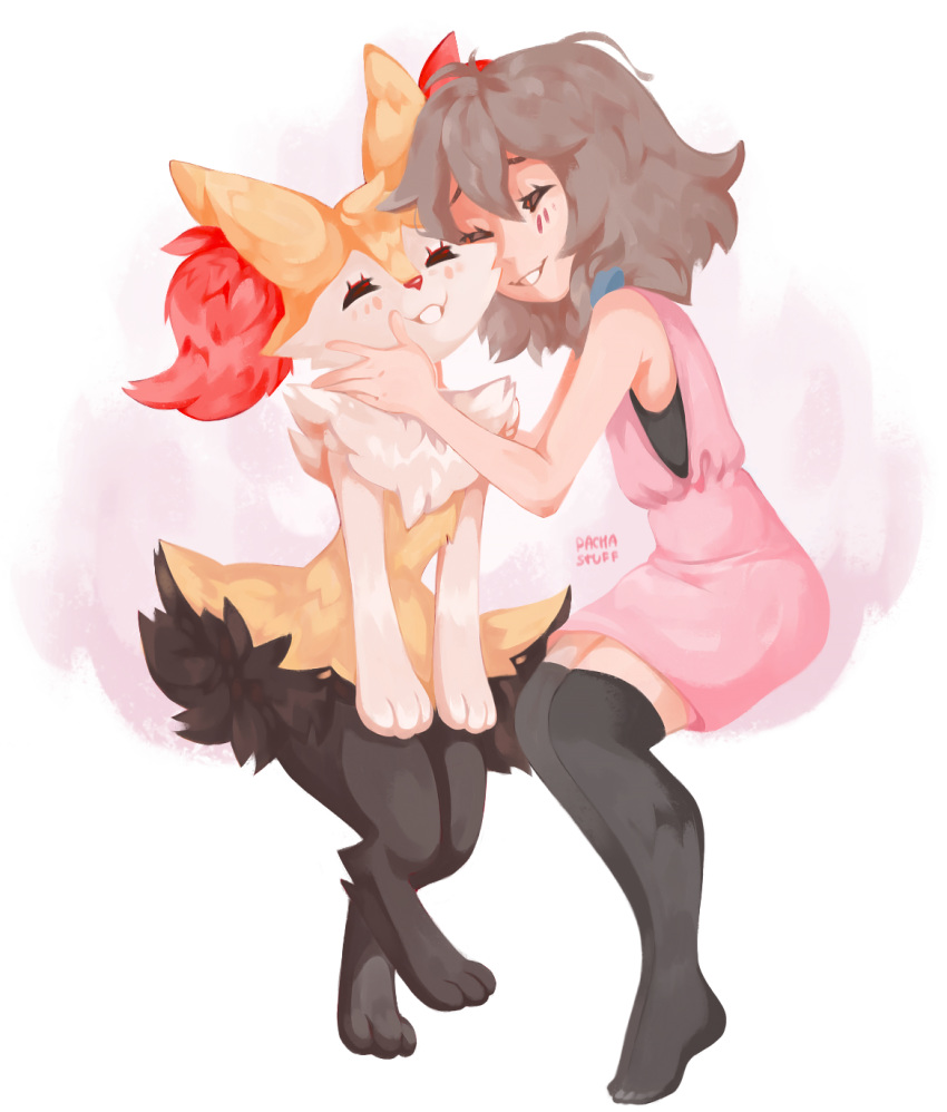 animal_ears, braixen, dress, fox, fox_ears, fox_tail, highres, pacha_(pachastuff), pink_dress, pokemon, pokemon_(game), pokemon_xy, serena_(pokemon), smile, tail, yellow_fur, yellow_skin