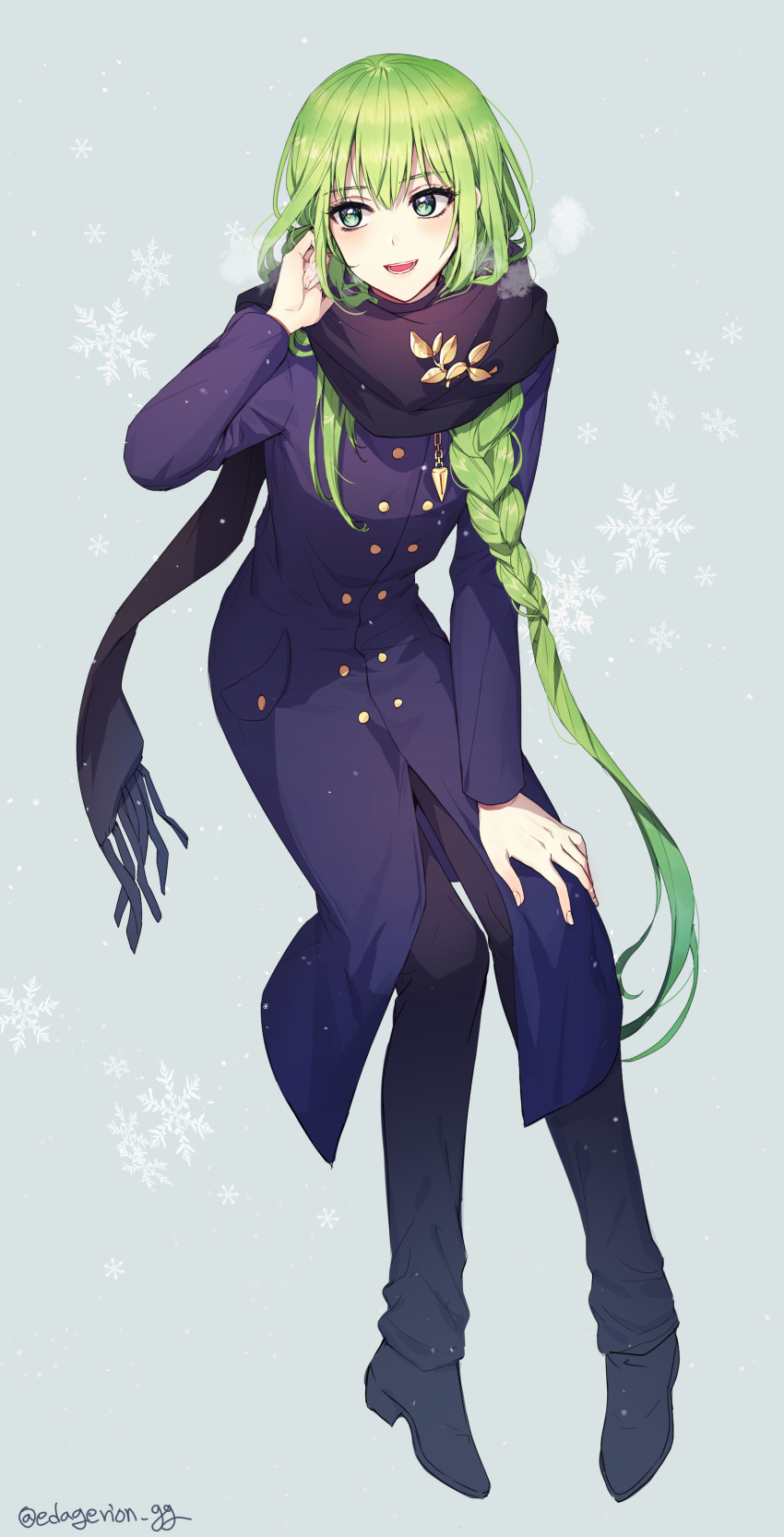1boy, :d, absurdres, adjusting_hair, androgynous, bangs, black_footwear, black_pants, black_scarf, braid, braided_ponytail, coat, ede, enkidu_(fate/strange_fake), fate/strange_fake, fate_(series), floating_hair, green_eyes, green_hair, grey_background, hair_between_eyes, hand_in_hair, hand_on_own_knee, highres, long_hair, open_mouth, pants, ponytail, purple_coat, scarf, shiny, shiny_hair, smile, solo, twitter_username, very_long_hair