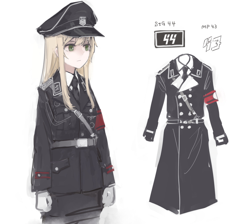 1girl, belt, blonde_hair, character_name, girls_frontline, gloves, green_eyes, hat