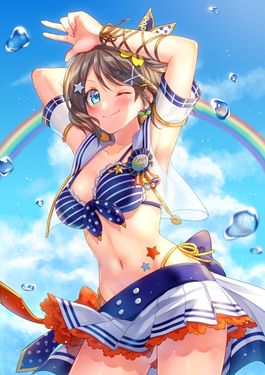 1girl, ;), armpits, arms_up, bikini, bikini_top, blue_sky, breasts