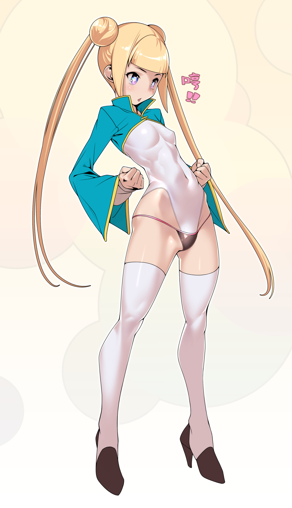 1girl, bangs, blonde_hair, blush, breasts, clenched_hands, covered_navel, double_bun
