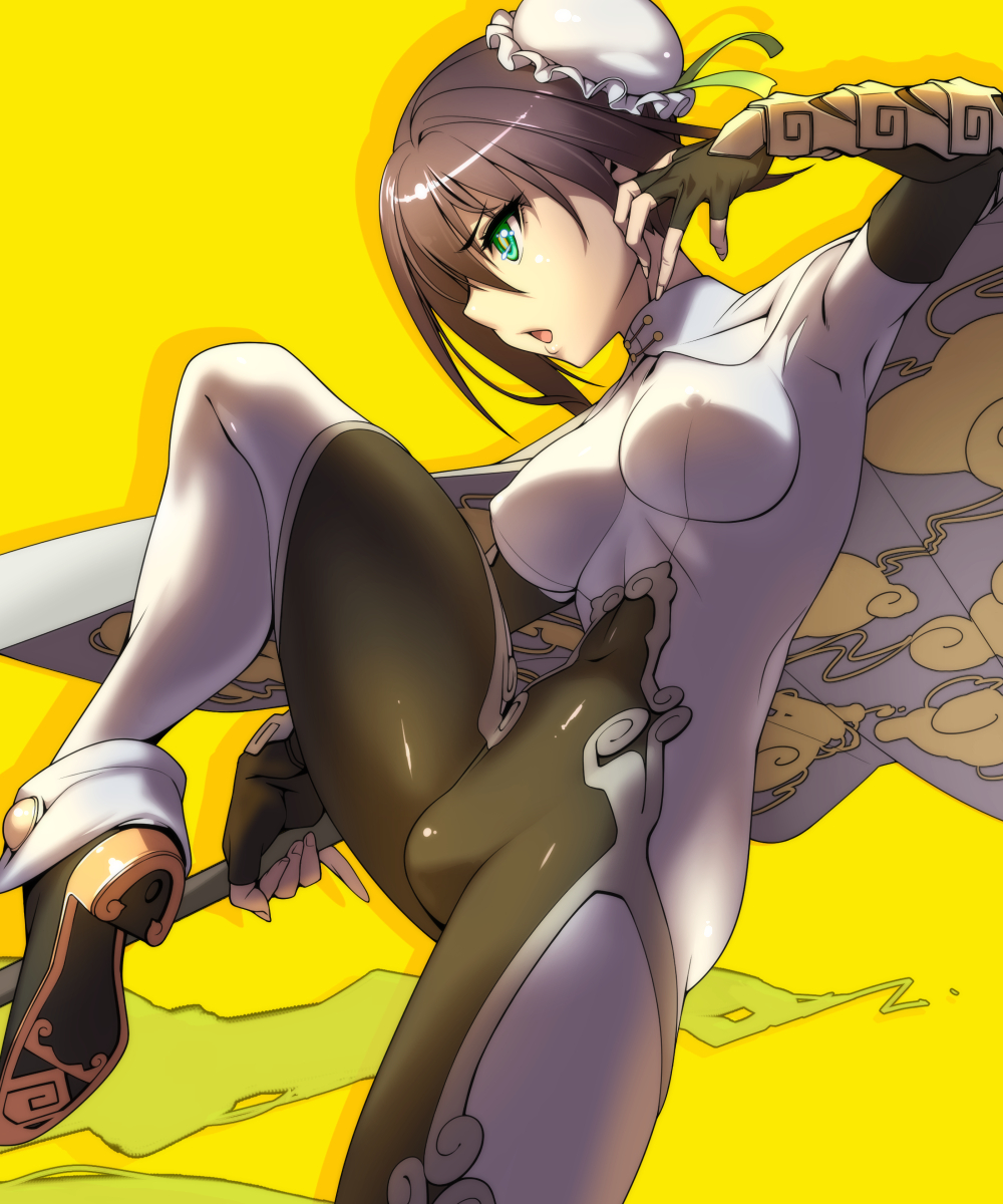 1girl, ankle_boots, arm_up, boots, breasts, bun_cover, cape, covered_navel
