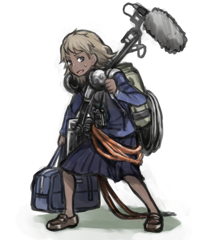 1girl, blonde_hair, boom_microphone, dark_skin, doumeki_parker, eizouken_ni_wa_te_wo_dasu_na!, grey_eyes, headphones, headphones_around_neck, henriiku_(ahemaru), looking_at_viewer, medium_hair, navy_blue_skirt, open_mouth, pleated_skirt, school_uniform, simple_background, skirt, solo, sweatdrop, white_background