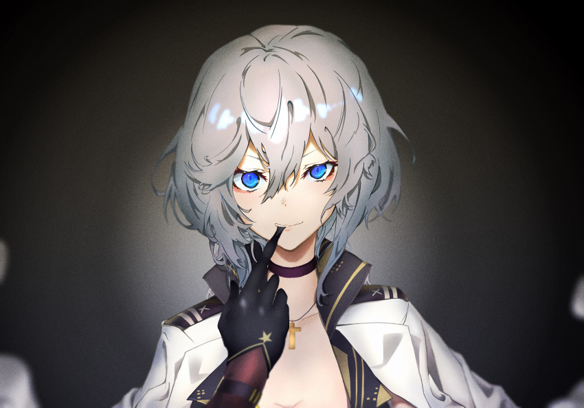 1girl, azur_lane, bangs, biting, black_gloves, blue_eyes, choker, cross