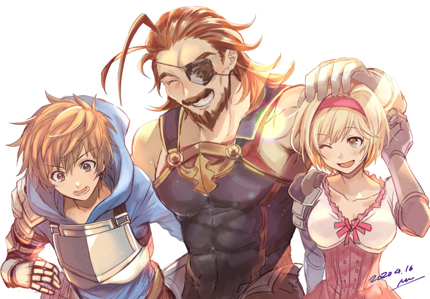 1girl, 2boys, armor, blonde_hair, breasts, brown_hair, dated, djeeta_(granblue_fantasy), eugen_(granblue_fantasy), eyepatch, fujiwara_keiji, gran_(granblue_fantasy), granblue_fantasy, highres, medium_breasts, multiple_boys, nu_(dndnknkn), petting, short_hair, smile