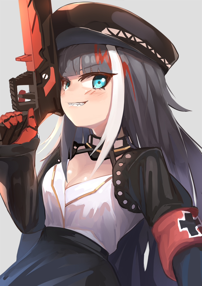 1girl, armband, azur_lane, black_hair, blue_eyes, deutschland_(azur_lane), gun, highres