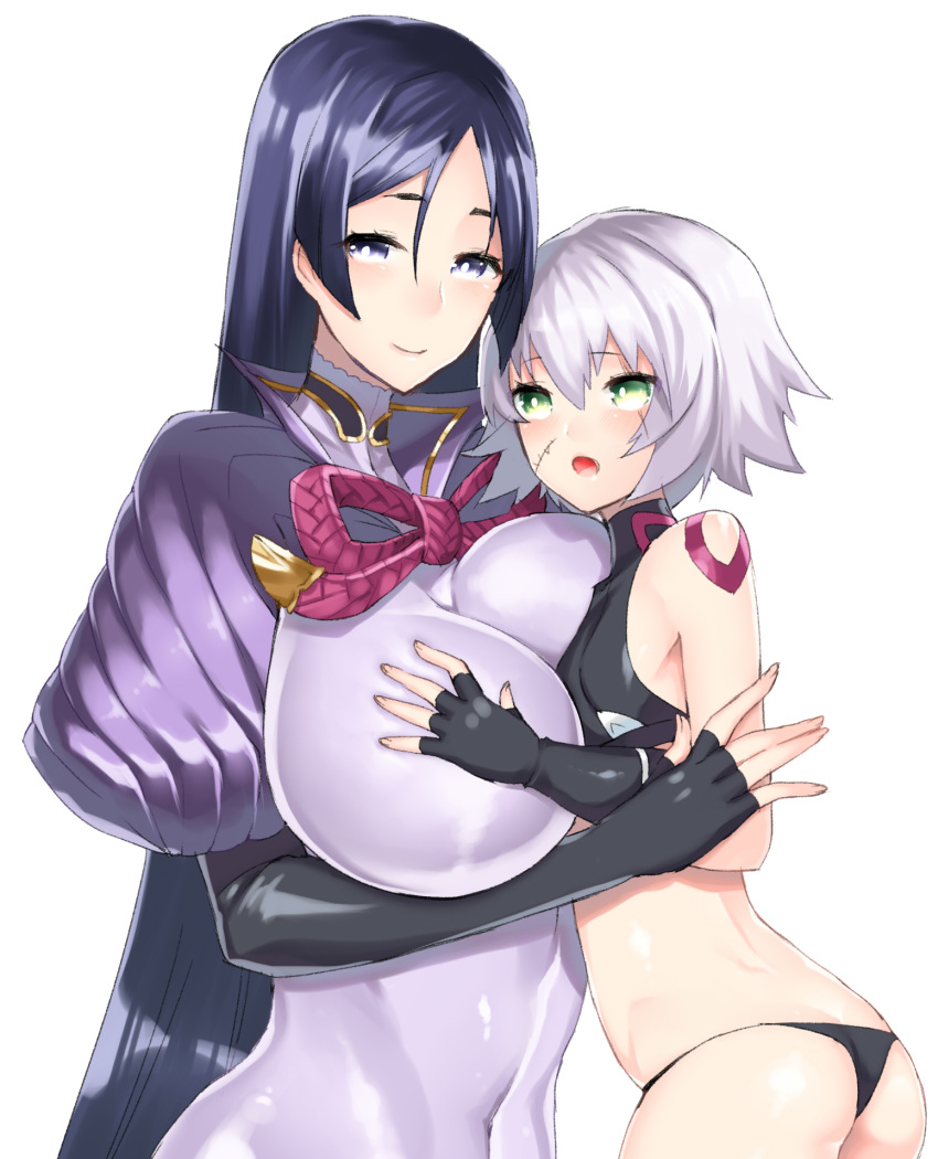 2girls, anoshabu, ass, bangs, black_gloves, black_panties, blush, bodysuit, breasts, covered_navel, elbow_gloves, facial_scar, fate/apocrypha, fate/grand_order, fate_(series), fingerless_gloves, gloves, green_eyes, highres, huge_breasts, jack_the_ripper_(fate/apocrypha), long_hair, looking_at_viewer, minamoto_no_raikou_(fate/grand_order), multiple_girls, open_mouth, panties, parted_bangs, purple_bodysuit, purple_hair, ribbed_sleeves, scar, scar_across_eye, scar_on_cheek, short_hair, shoulder_tattoo, simple_background, single_glove, small_breasts, smile, tattoo, underwear, very_long_hair, violet_eyes, white_background, white_hair