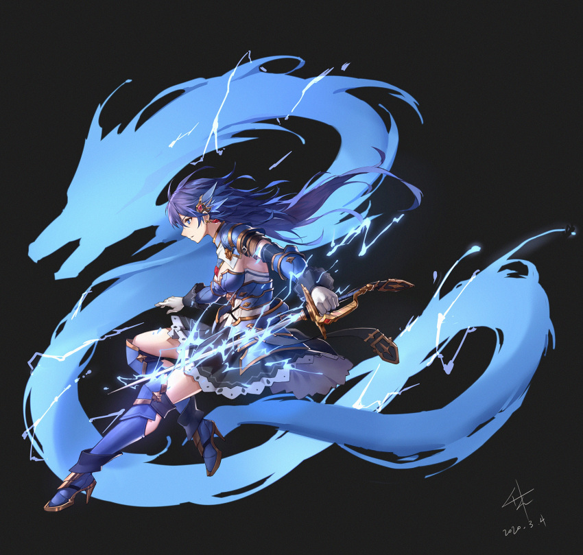 0qianben0, 1girl, armor, black_background, black_skirt, blue_eyes, blue_footwear, blue_hair