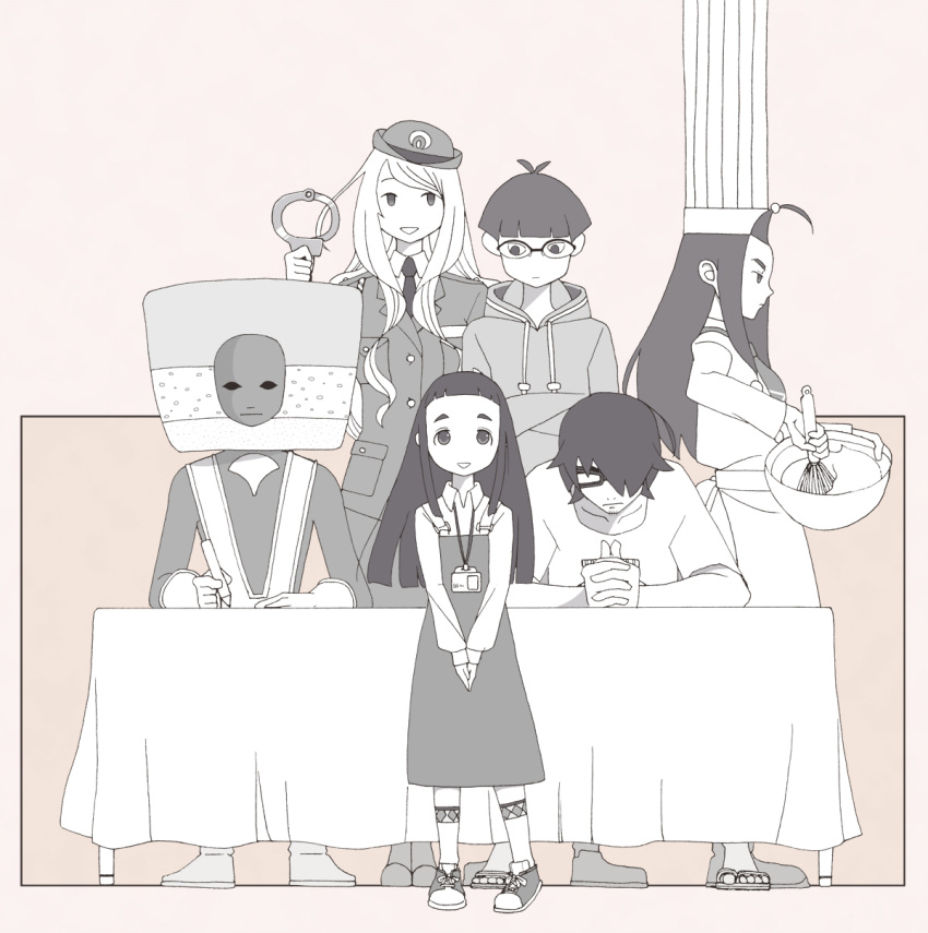 3boys, 3girls, ahoge, akiteru, apron, bangs, black-framed_eyewear, black_hair