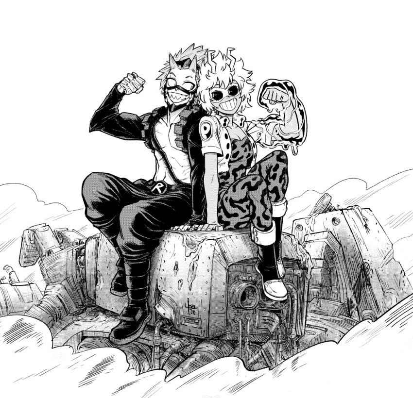 1boy, 1girl, acid, ashido_mina, back-to-back, black_sclera, bodysuit, boku_no_hero_academia
