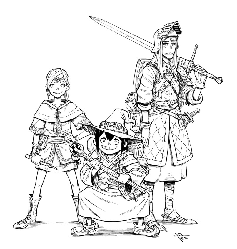 3girls, asakusa_midori, black_hair, boots, bracelet, dungeons_and_dragons, eizouken_ni_wa_te_wo_dasu_na!, gloves