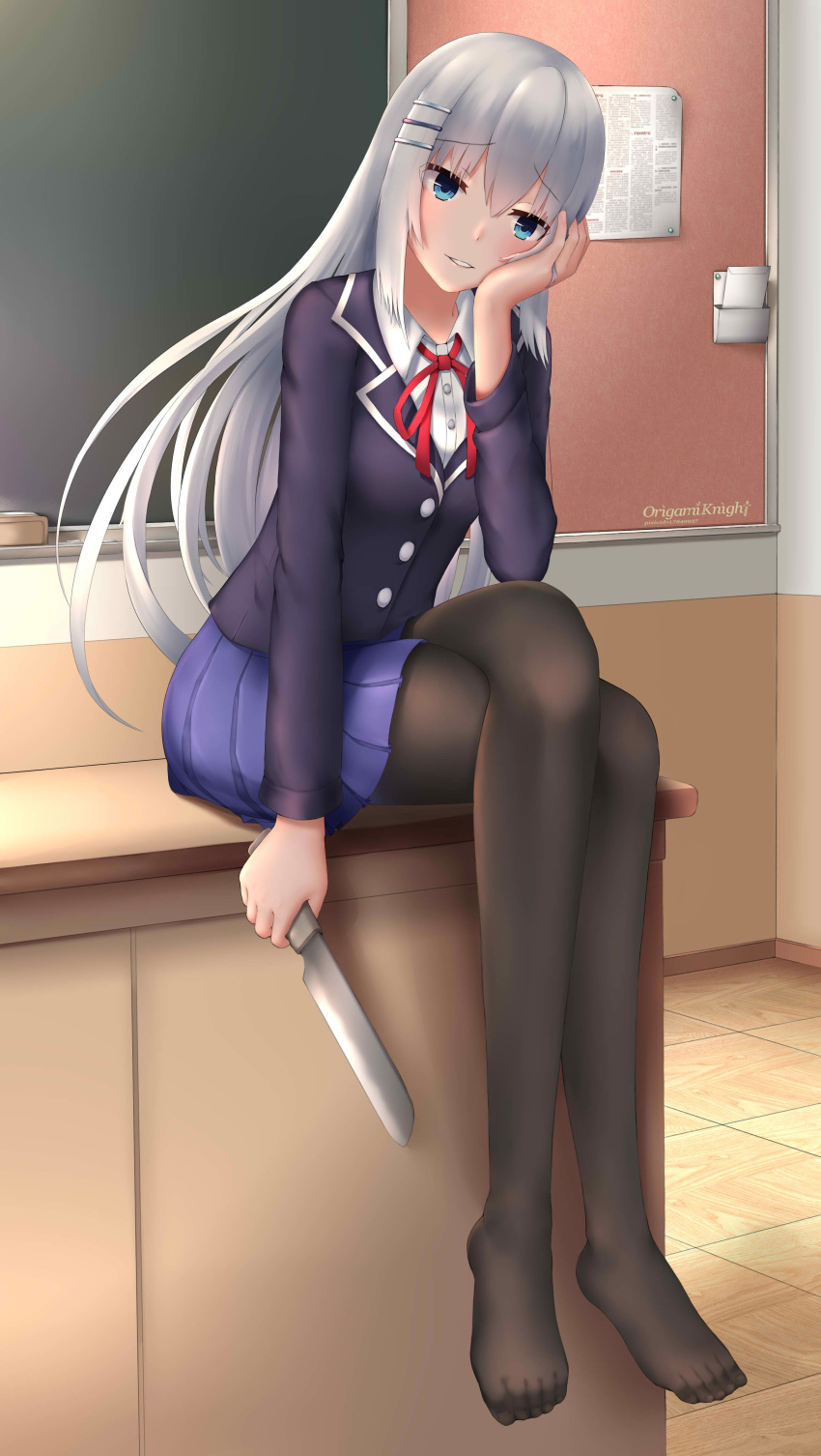1girl, absurdres, black_jacket, black_legwear, blazer, blue_eyes, blue_skirt, blush