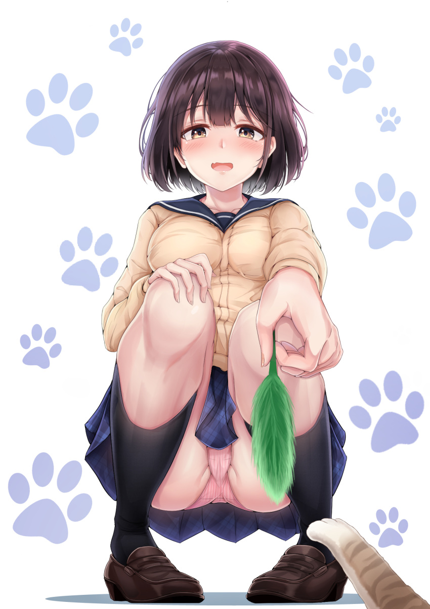 1girl, animal_pov, bangs, black_legwear, blush, bob_cut, breasts, brown_eyes, brown_hair, cardigan, cat, collarbone, crotch_seam, eyebrows_visible_through_hair, fang, fingernails, hand_on_own_knee, highres, holding, kanta_(pixiv5741272), kneehighs, loafers, looking_at_viewer, medium_breasts, open_mouth, original, panties, pantyshot, pantyshot_(squatting), paw_print, pigeon-toed, pink_panties, plaid, plaid_skirt, pleated_skirt, pov, sailor_collar, school_uniform, shoes, short_hair, skin_fang, skirt, solo, squatting, striped, striped_panties, underwear, vertical-striped_panties, vertical_stripes