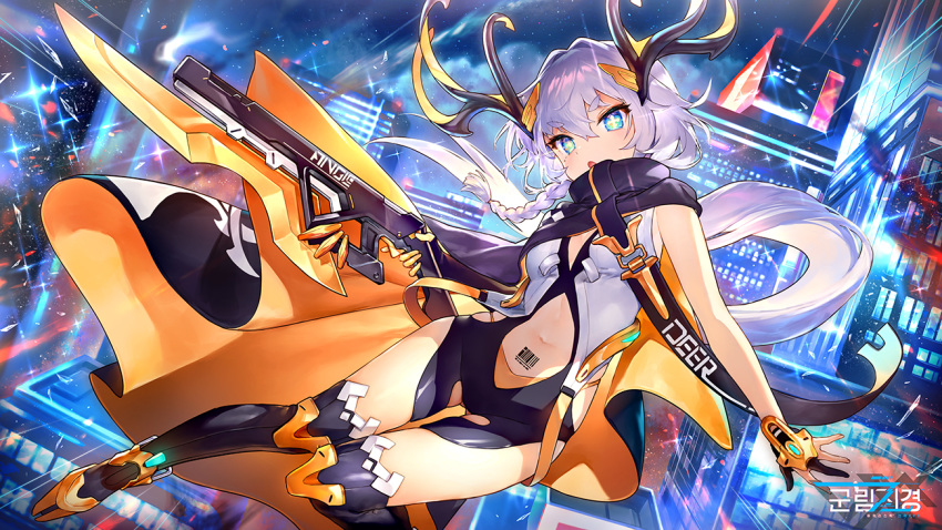 ainy77, aqua_eyes, border_reign, braid, cape, city, gloves, gun