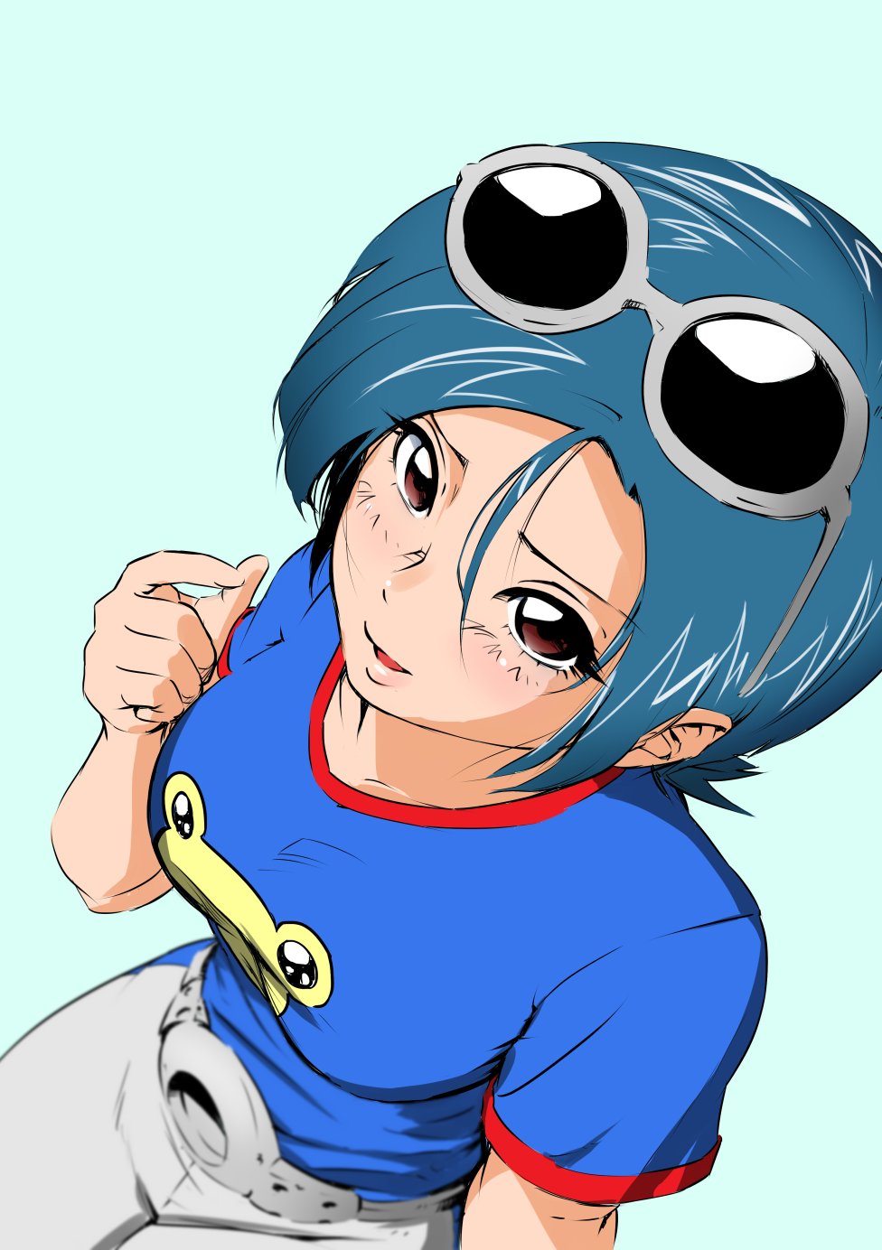 1girl, animal_print, belt, blue_hair, blue_shirt, blush, eyewear_on_head, frog_print