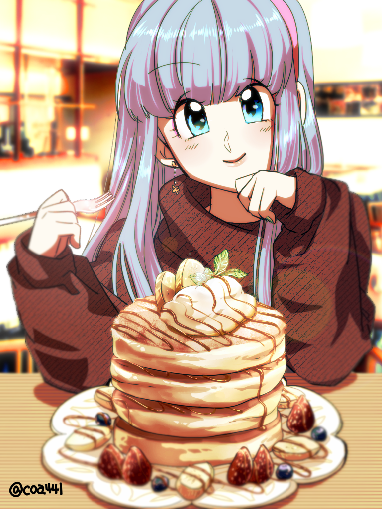 1girl, bangs, blue_eyes, blue_hair, blueberry, blunt_bangs, blurry, blurry_background