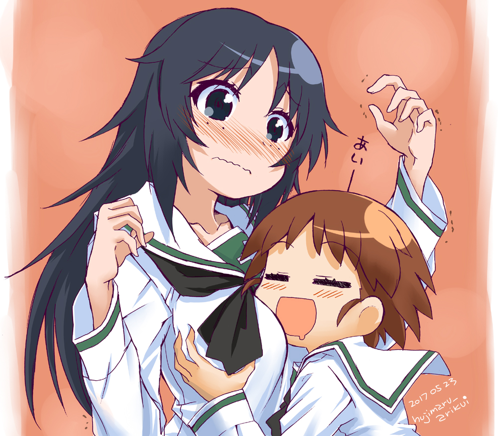2girls, :d, artist_name, bangs, black_neckwear, blouse, blue_eyes, blue_hair
