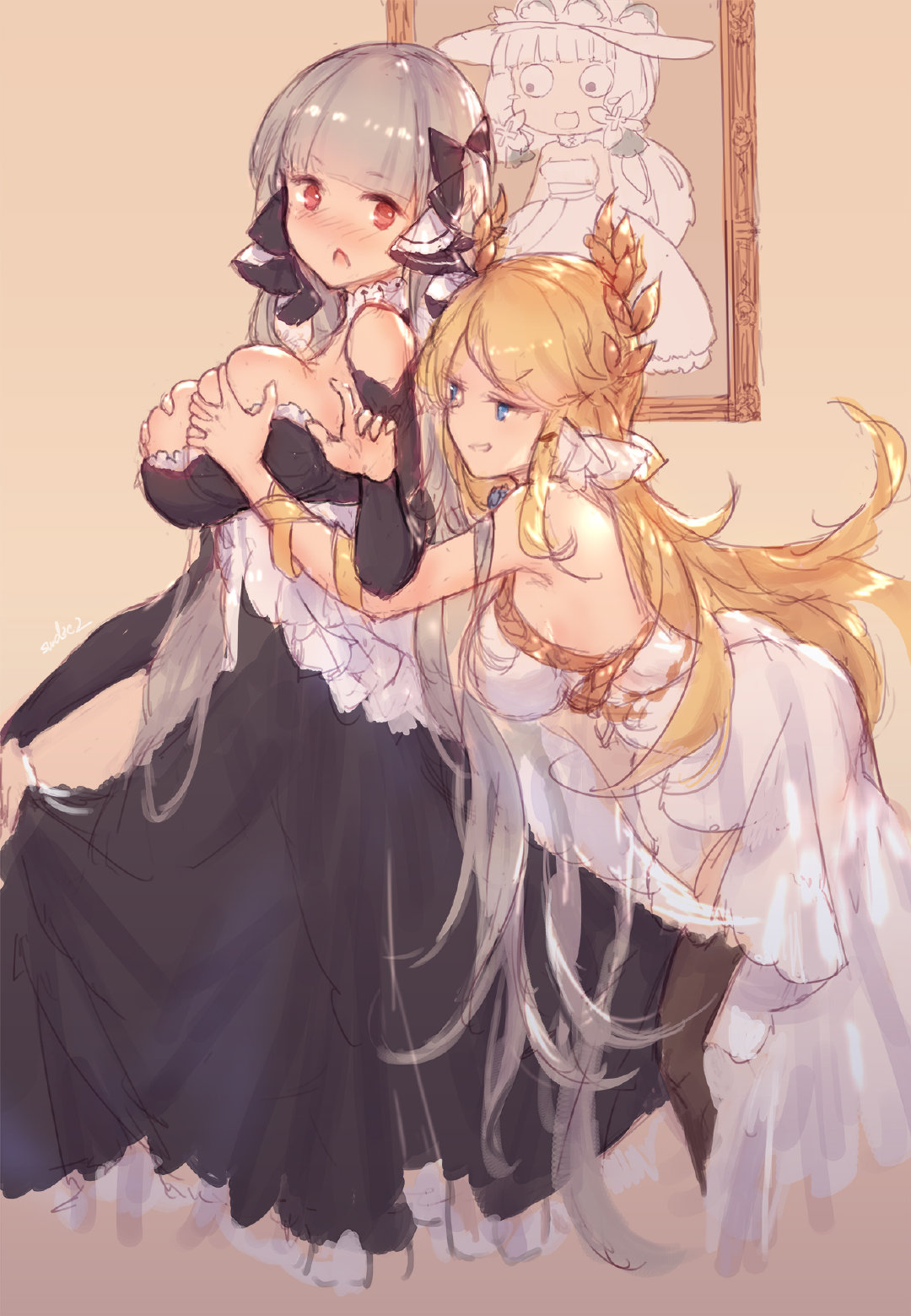 2girls, azur_lane, bangs, black_dress, black_legwear, blonde_hair, blue_eyes, blunt_bangs
