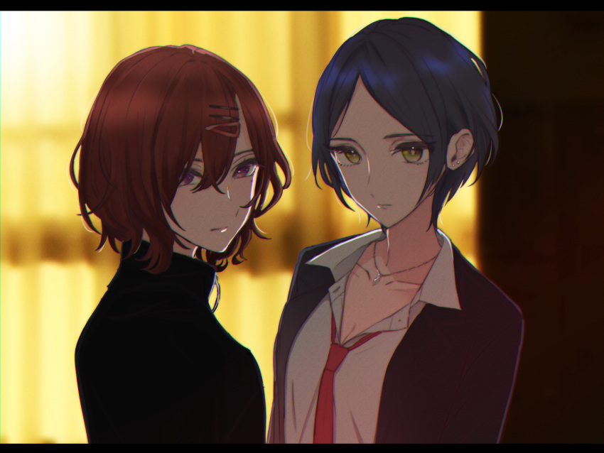 2girls, :|, bangs, black_sweater, blazer, blue_hair, blurry, blurry_background, breasts, brown_hair, closed_mouth, collarbone, collared_shirt, earrings, hair_between_eyes, hair_ornament, hairclip, hayami_kanade, highres, higuchi_madoka, idolmaster, idolmaster_cinderella_girls, jacket, jewelry, letterboxed, long_sleeves, looking_at_viewer, mole, mole_under_eye, multiple_girls, necklace, necktie, open_clothes, open_jacket, paishen_(team_tategami), pendant, red_neckwear, shirt, short_hair, stud_earrings, sweater, turtleneck, upper_body, violet_eyes, white_shirt, yellow_eyes