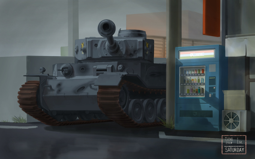 2019, awning, caterpillar_tracks, cupola, damaged, dated, girls_und_panzer, grass, ground_vehicle, highres, military, military_vehicle, motor_vehicle, no_humans, tank, tiger_(p), turret, useless, vending_machine, wallpaper