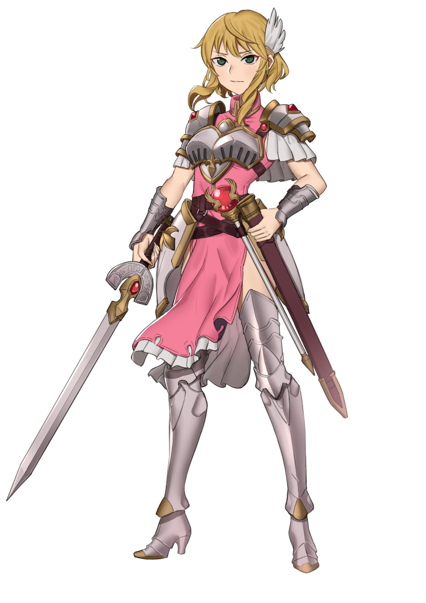 1girl, absurdres, armor, armored_boots, bare_arms, blonde_hair, boots, breastplate