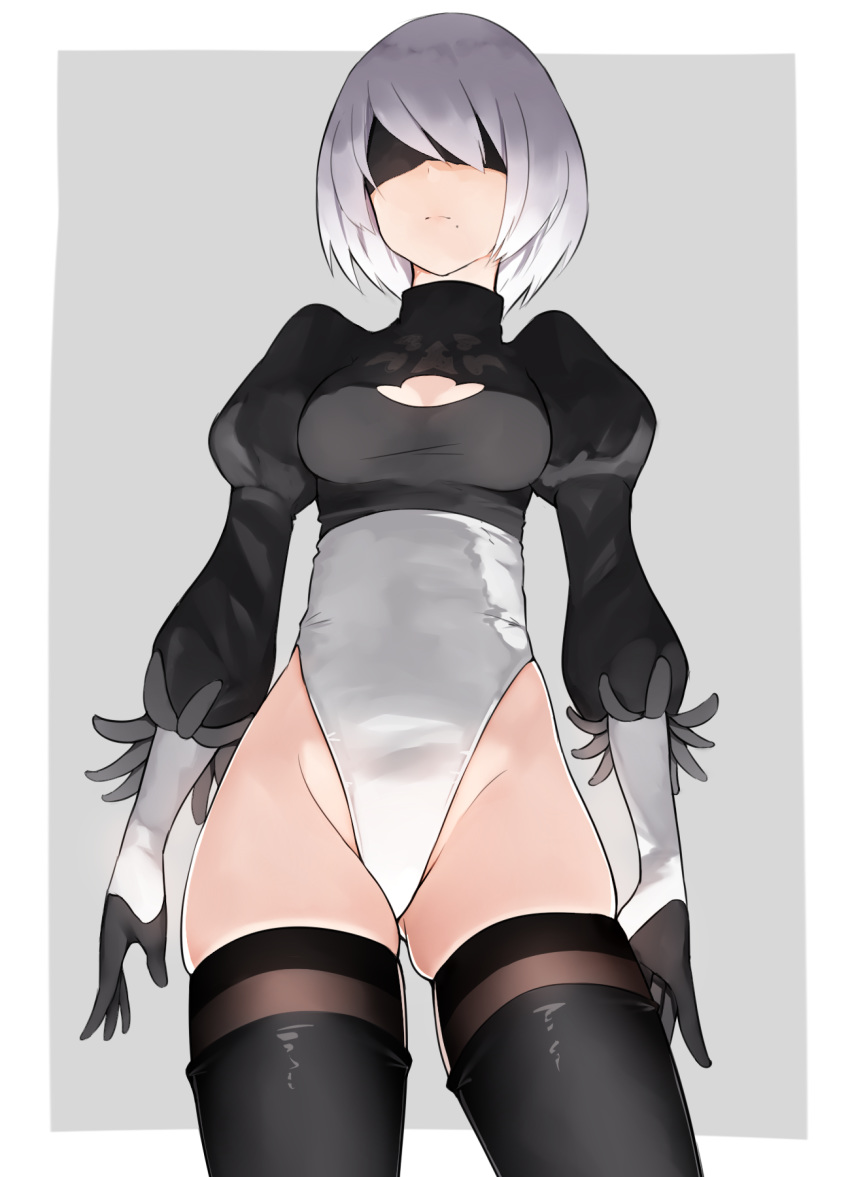1girl, black_gloves, black_legwear, blindfold, boruhis, breasts, cleavage_cutout, cowboy_shot
