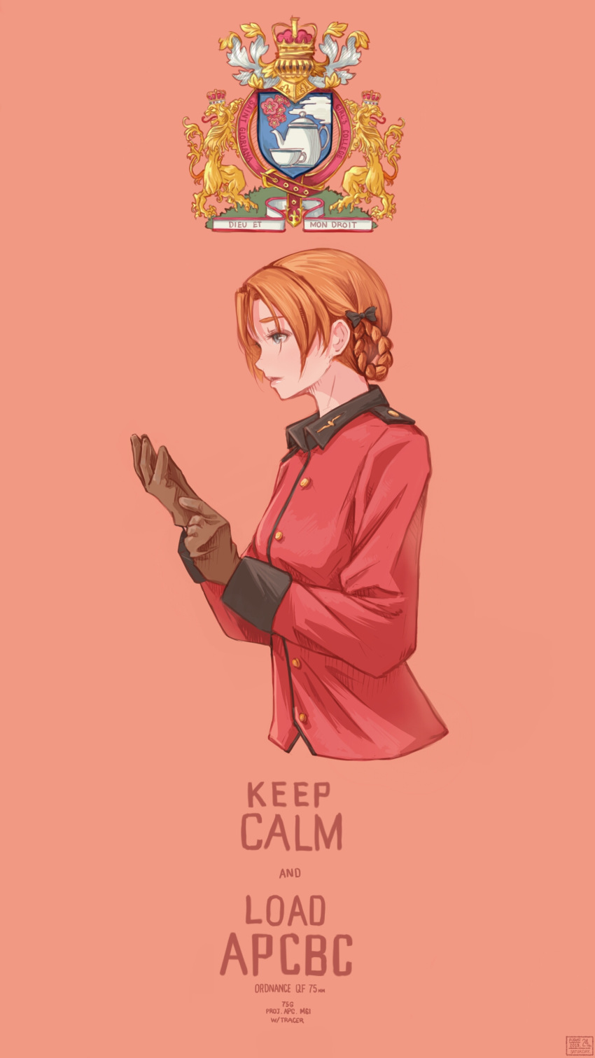 1girl, absurdres, adjusting_clothes, adjusting_gloves, black_ribbon, blue_eyes, braid, brown_gloves