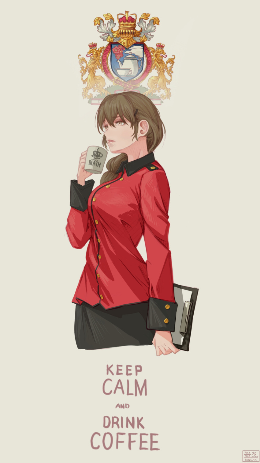 1girl, absurdres, black_skirt, braid, breasts, brown_eyes, brown_hair, clipboard