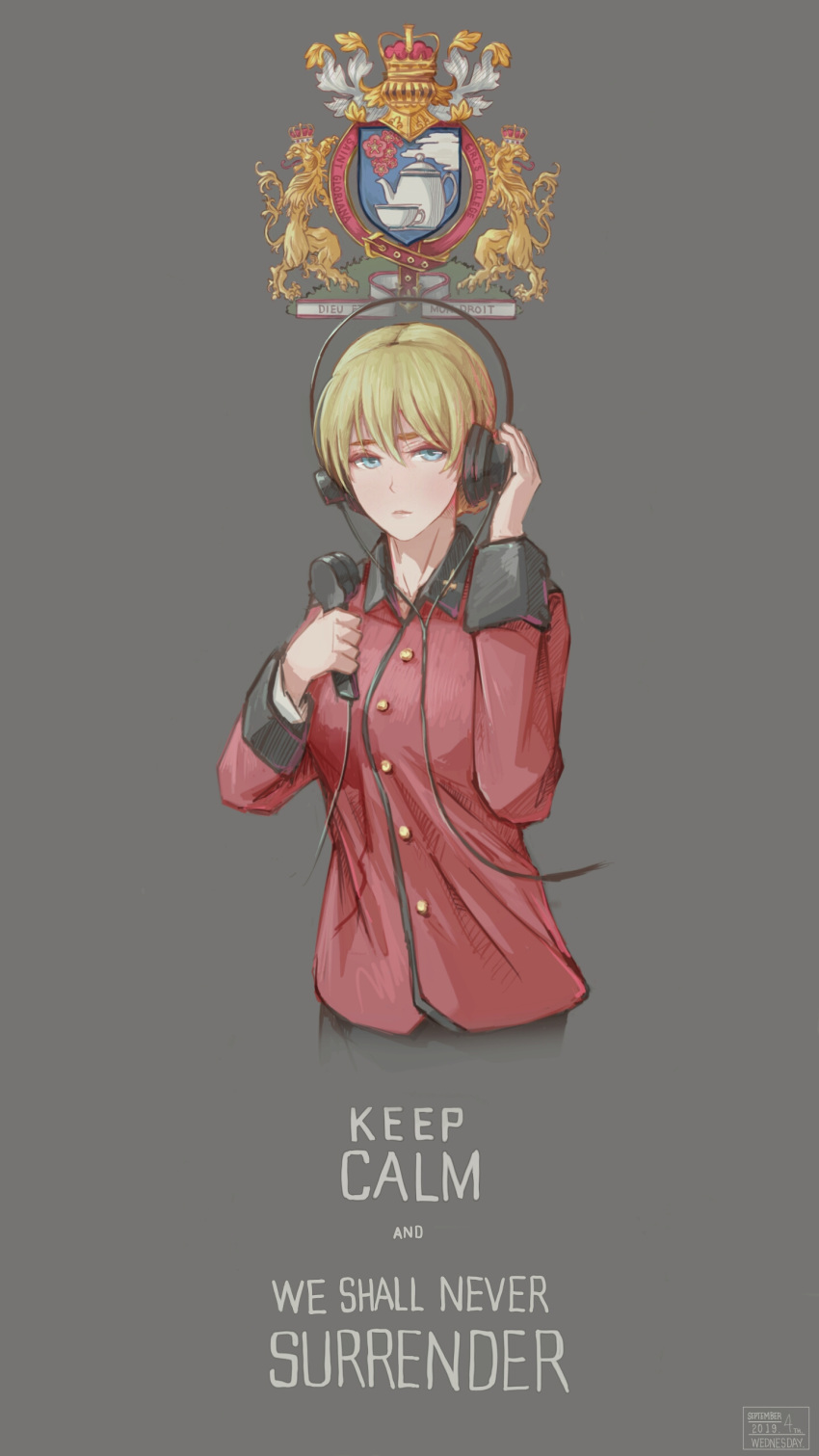 1girl, absurdres, blonde_hair, blue_eyes, blush, braid, cropped_legs, darjeeling_(girls_und_panzer), emblem, french_braid, girls_und_panzer, grey_background, hand_on_headphones, headphones, highres, keep_calm_and_carry_on, looking_at_viewer, microphone, solo, st._gloriana's_(emblem), st._gloriana's_military_uniform, uniform, useless