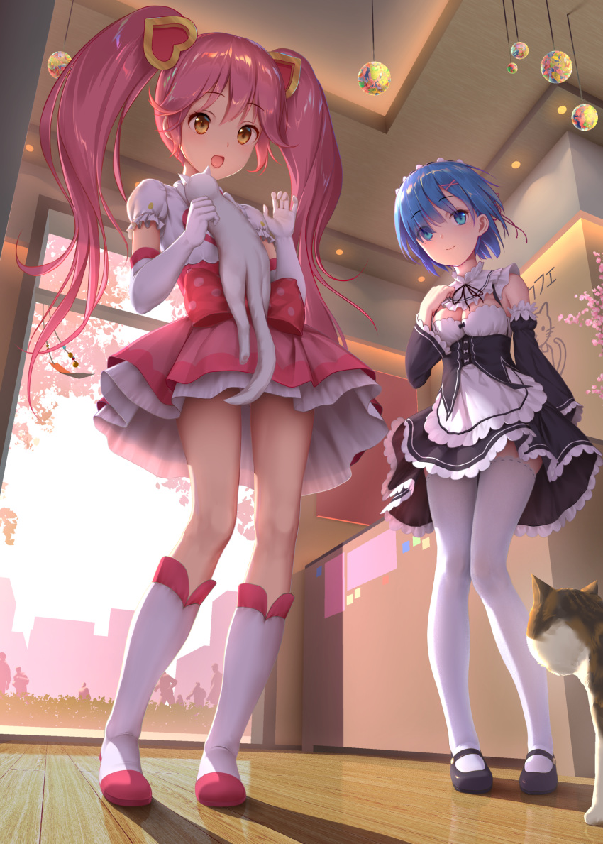 #compass, 2girls, :d, absurdres, animal, apron, black_dress, black_footwear