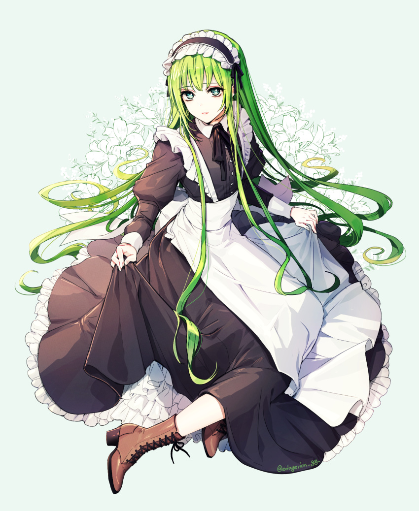 1boy, alternate_costume, androgynous, apron, black_ribbon, black_shirt, black_skirt, boots