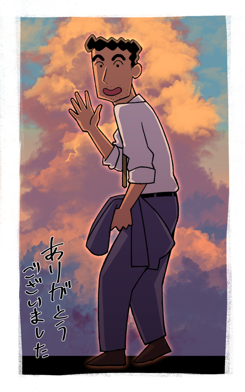 1boy, black_hair, business_suit, clouds, commentary_request, crayon_shin-chan, evening, facial_hair