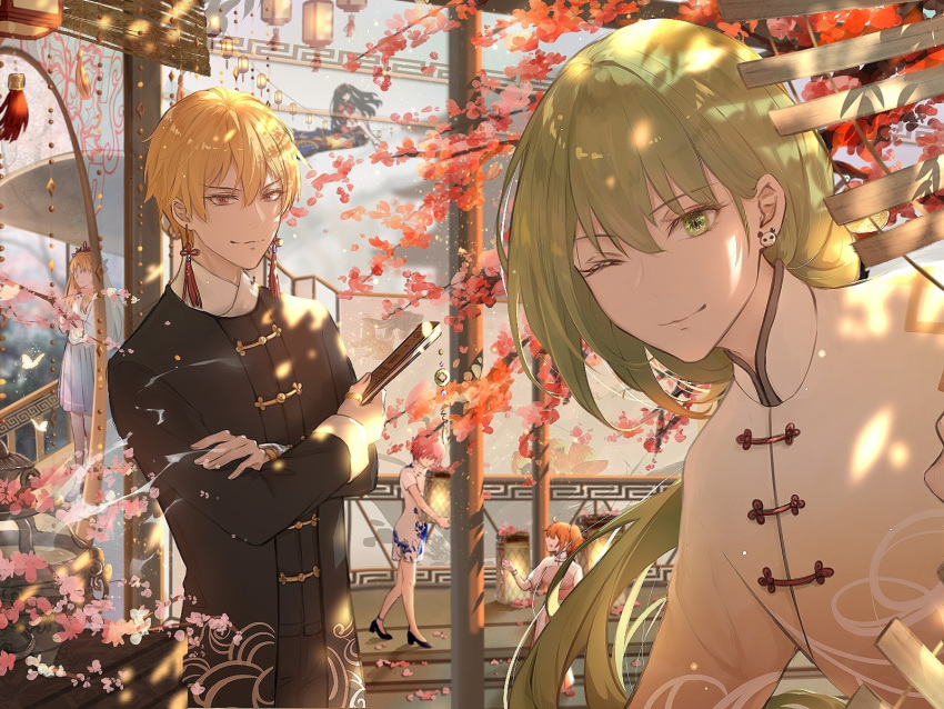 1boy, 1other, 3girls, androgynous, bangs, black_clothes, black_pants, blonde_hair, blue_skirt, china_dress, chinese_clothes, chinese_lantern_(plant), closed_mouth, collar, crossed_arms, crown, day, dress, ear_piercing, earrings, enkidu_(fate/strange_fake), ereshkigal_(fate/grand_order), eyebrows_visible_through_hair, fan, fate/grand_order, fate_(series), flower, fujimaru_ritsuka_(female), full_body, gilgamesh, green_eyes, green_hair, hair_between_eyes, highres, holding, holding_fan, jewelry, lantern, lips, liquid, long_hair, long_sleeves, looking_at_another, looking_at_viewer, looking_to_the_side, mash_kyrielight, multiple_girls, nanako_(user_zcmj5835), one_eye_closed, orange_hair, otoko_no_ko, outdoors, pants, piercing, pink_flower, pink_hair, red_eyes, red_flower, ring, shadow, short_hair, skirt, smile, standing, tree, upper_body, very_long_hair, water