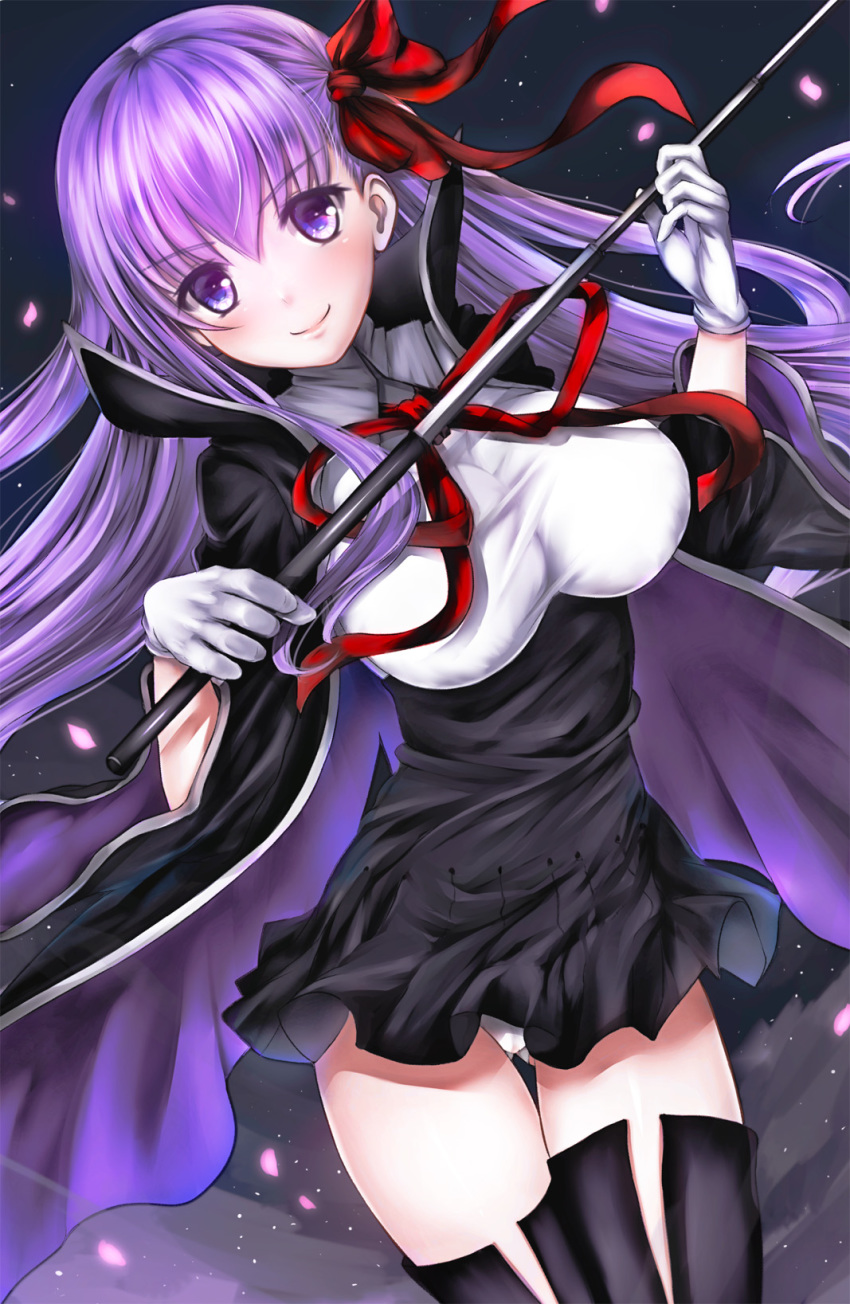 1girl, ass_visible_through_thighs, bangs, bb_(fate)_(all), bb_(fate/extra_ccc), black_cape, black_footwear, black_skirt