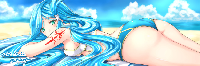 2017, ass, bangs, bikini, bikini_bottom, bikini_top, blue_bikini, blue_hair, blue_sky, blurry, blurry_background, blush, closed_mouth, clouds, dana_(ys), dated, day, green_eyes, hair_ornament, long_hair, looking_at_viewer, lying, mussyu_danachan, ocean, on_stomach, outdoors, parted_bangs, shiny, shiny_hair, signature, sky, smile, swimsuit, very_long_hair, white_bikini, ys, ys_viii_lacrimosa_of_dana