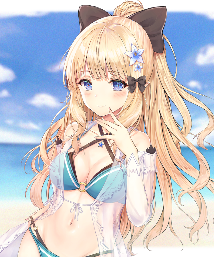 1girl, atychi, bikini, blonde_hair, blue_eyes, bow, breasts, elf