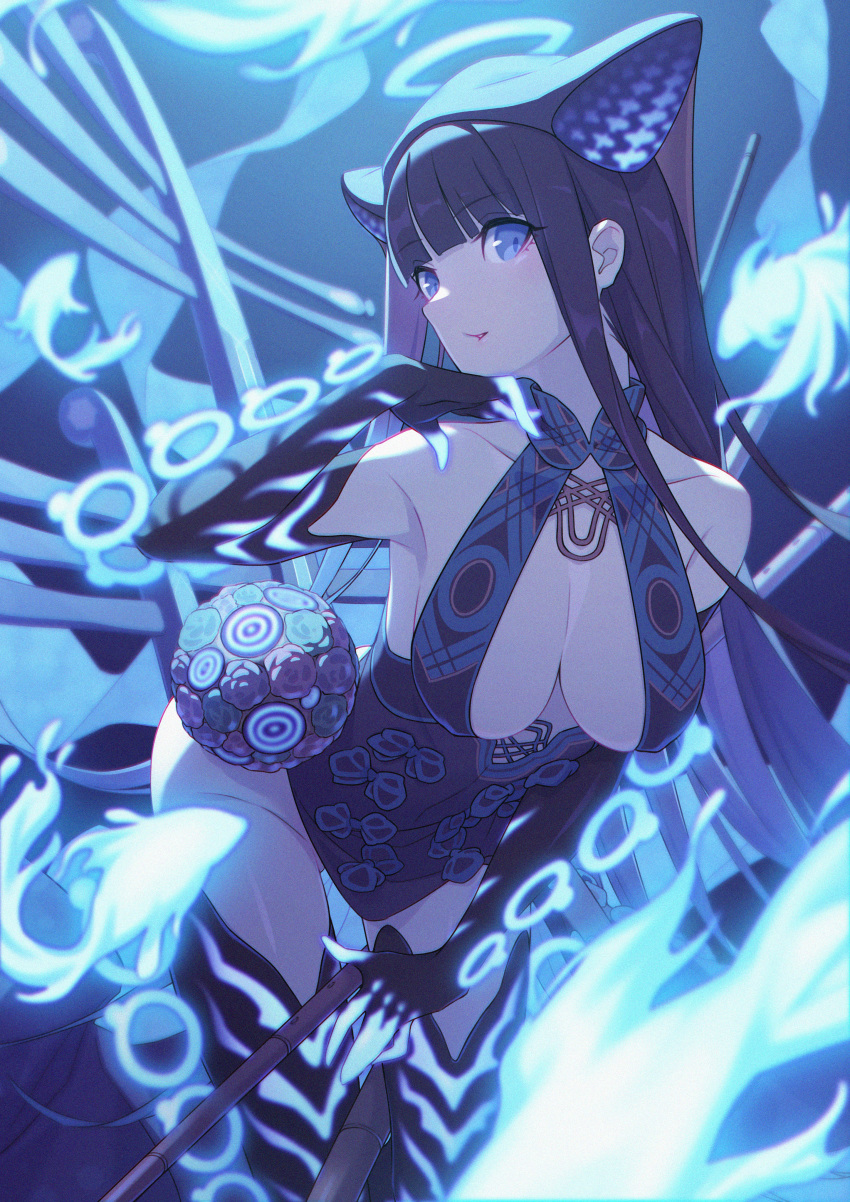 1girl, absurdres, blue_eyes, blue_fire, boots, breasts, elbow_gloves, fate/grand_order