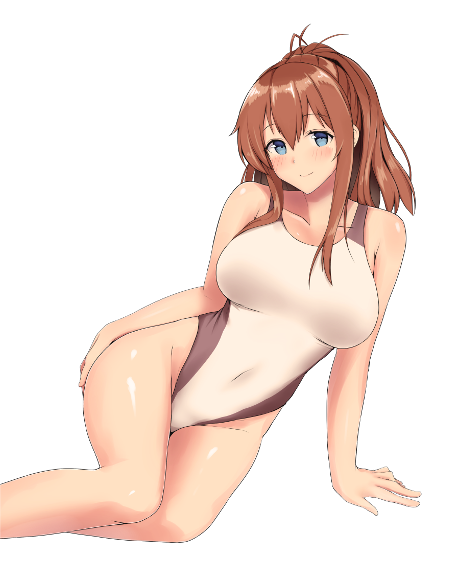 1girl, alternate_hairstyle, blue_eyes, blush, breasts, brown_hair, collarbone, competition_swimsuit