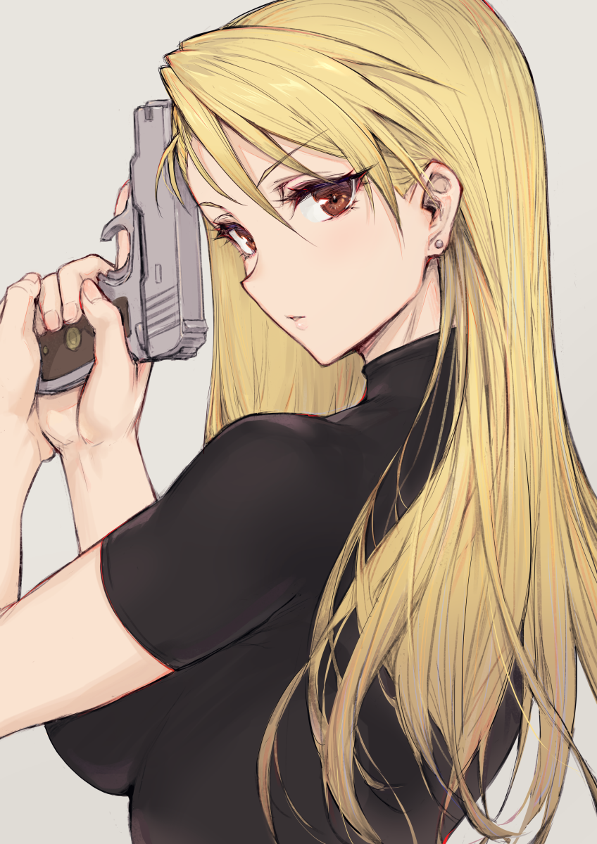 1girl, back, bangs, black_shirt, blonde_hair, breasts, brown_eyes, closed_mouth