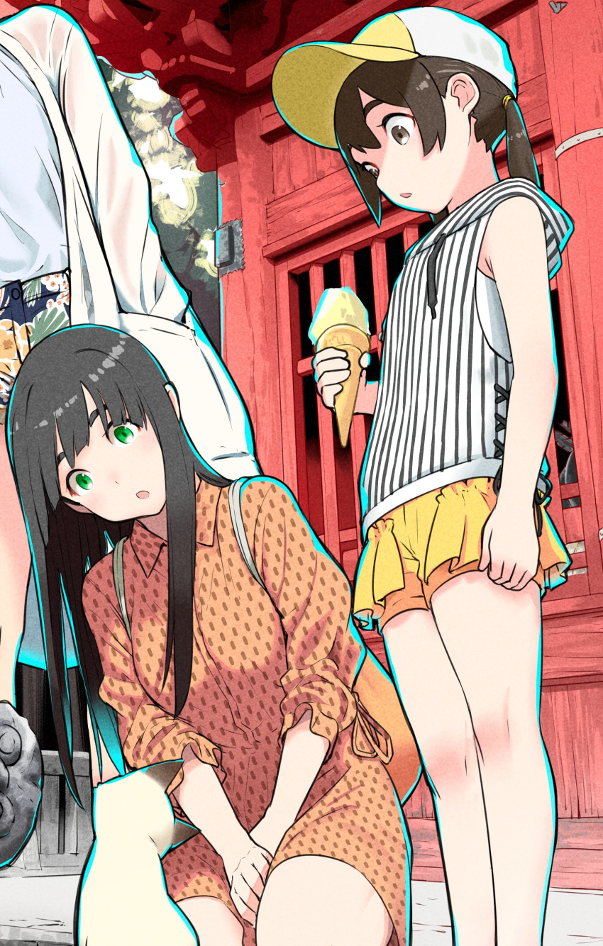 3girls, absurdres, baseball_cap, brown_eyes, cat, flying_witch, food, frilled_shorts, frills, green_eyes, hat, head_tilt, highres, hood, hoodie, hoodie_vest, ice_cream, ice_cream_cone, ishizuka_chihiro, kenny_(flying_witch), kowata_makoto, kuramoto_chinatsu, multiple_girls, open_mouth, shorts, sleeveless, tagme, vest