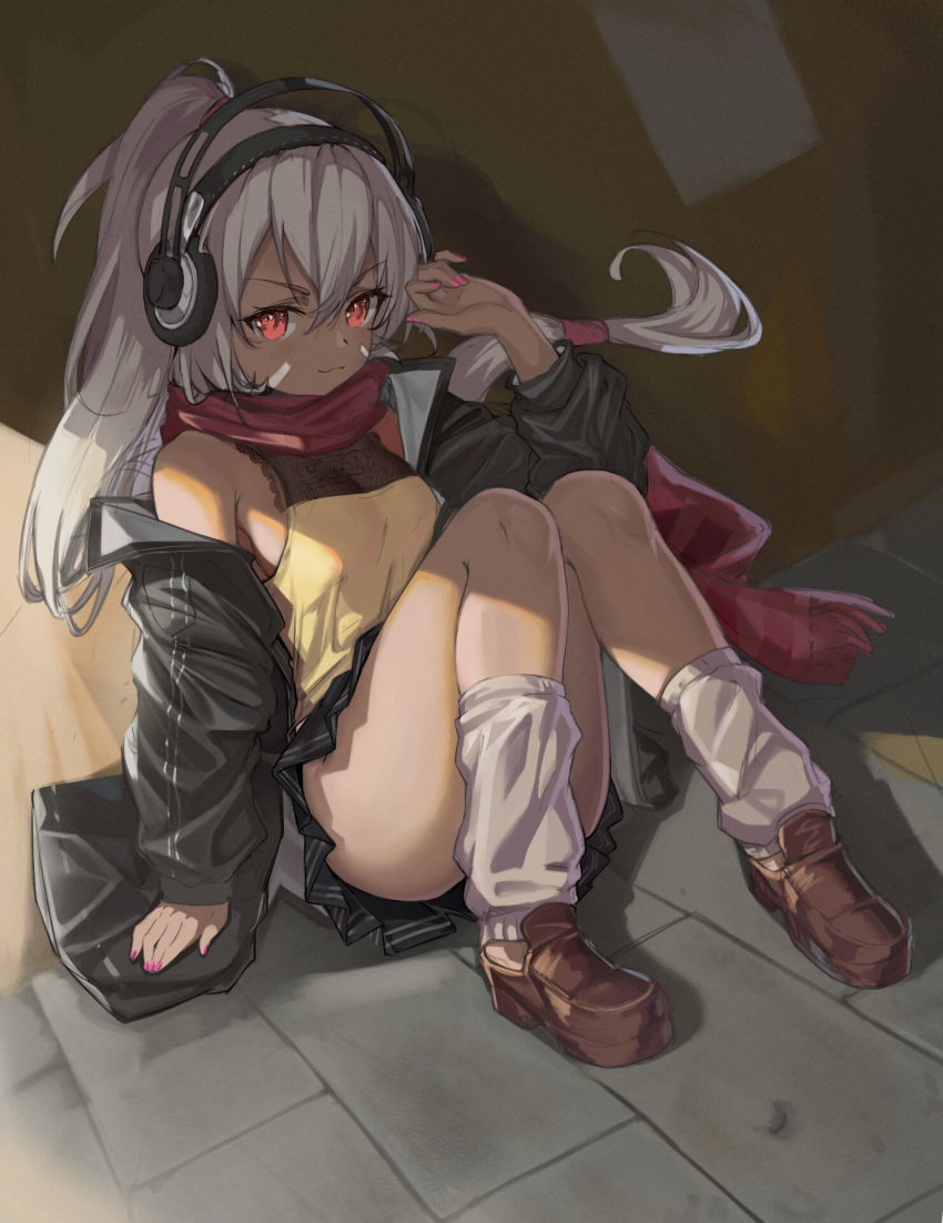 1girl, against_wall, arm_up, azur_lane, bangs, black_jacket, black_skirt, breasts