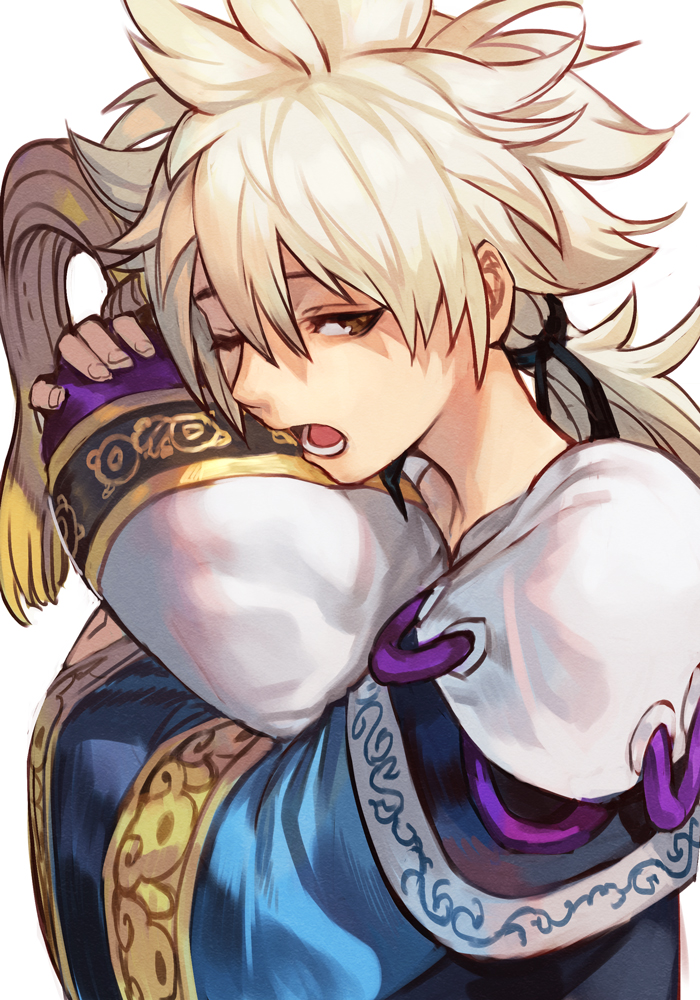 1boy, black_ribbon, blonde_hair, brown_eyes, copyright_request, from_side, hair_between_eyes, hair_ribbon