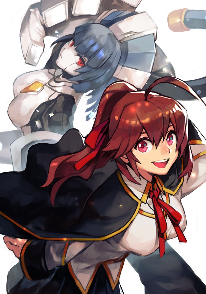 2girls, :d, ahoge, black_cape, black_skirt, blazblue, blazblue_phase_0, breasts, brown_hair, cape, celica_a_mercury, closed_mouth, collared_shirt, hair_ribbon, hankuri, large_breasts, long_sleeves, looking_at_viewer, minerva_(blazblue), multiple_girls, neck_ribbon, open_mouth, pleated_skirt, ponytail, red_eyes, red_neckwear, red_ribbon, ribbon, robot, shirt, simple_background, skirt, smile, upper_teeth, white_background, white_shirt