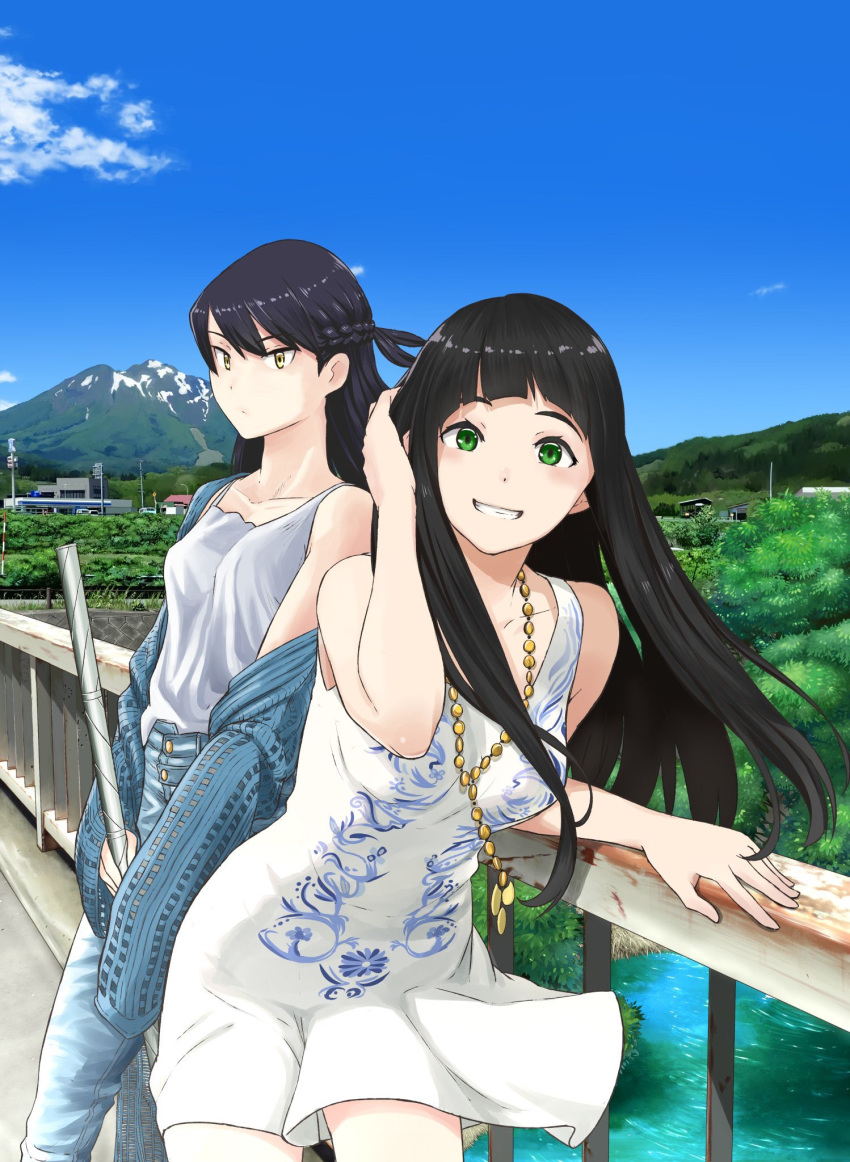 2girls, bare_shoulders, black_hair, bridge, collarbone, denim, dress, flying_witch
