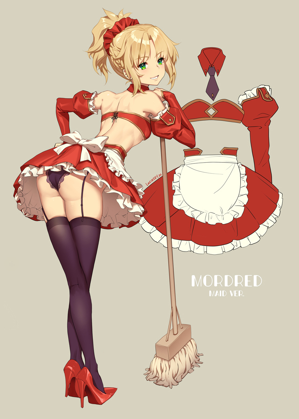 1girl, alternate_costume, artist_name, bangs, bare_shoulders, black_legwear, black_panties, blonde_hair
