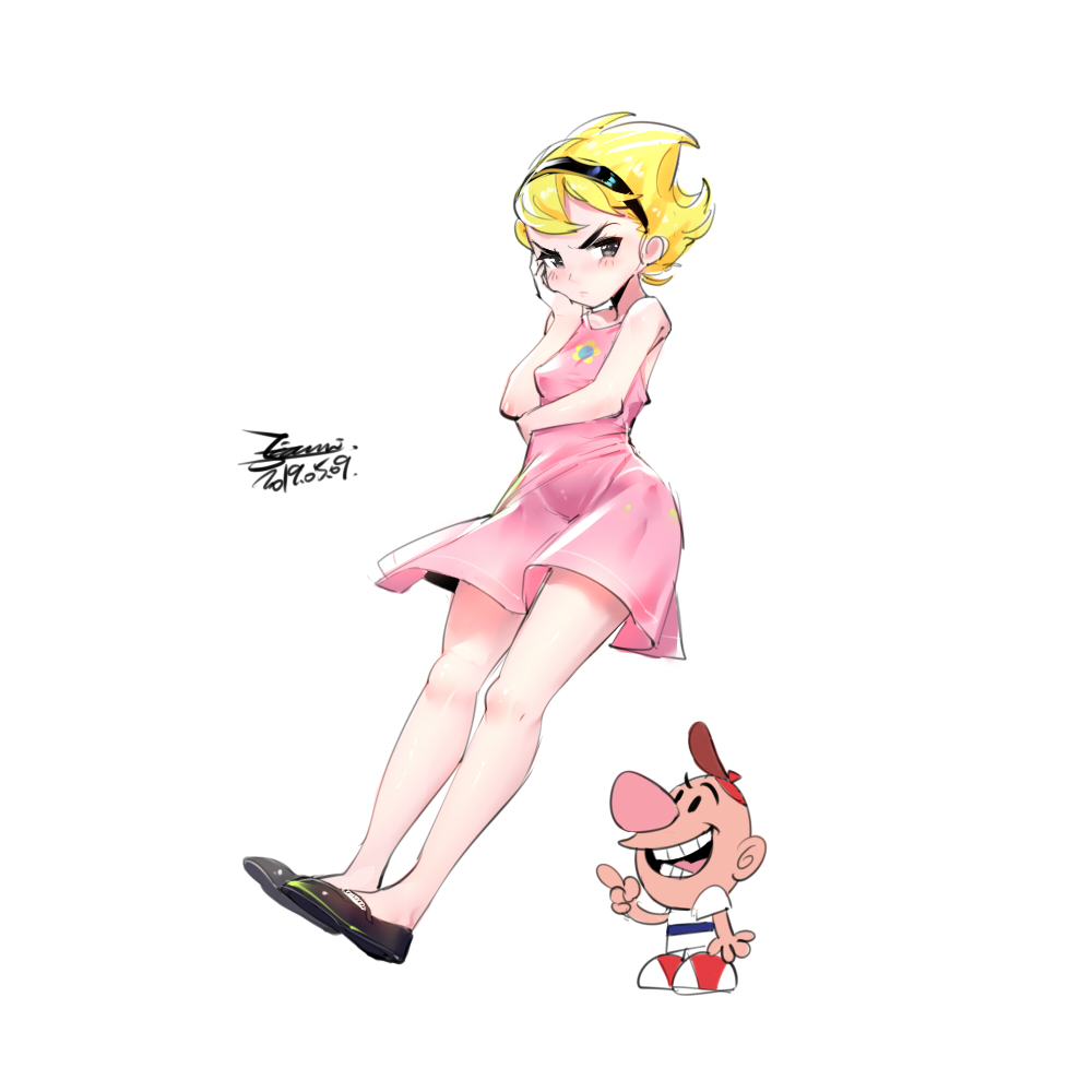1boy, 1girl, billy, billy_(grim_adventures), blonde_hair, breasts, dress, ejami